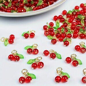 Cherry Fruit Pendants, Cute Pendants With Two Cherries and a Green Leaf.  10 pcs
